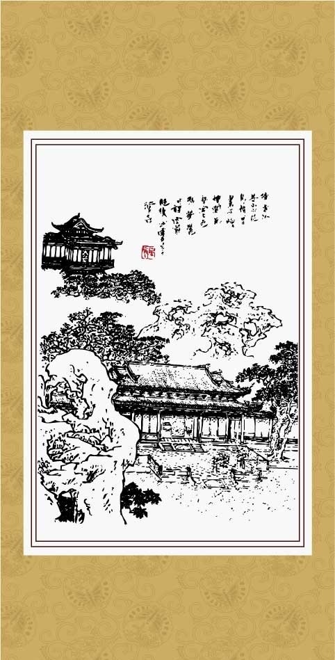 古镇雅居1 白描 图案 绘画 古典 传统纹样 山水 神话传说 建筑 传统文化 文化艺术 矢量