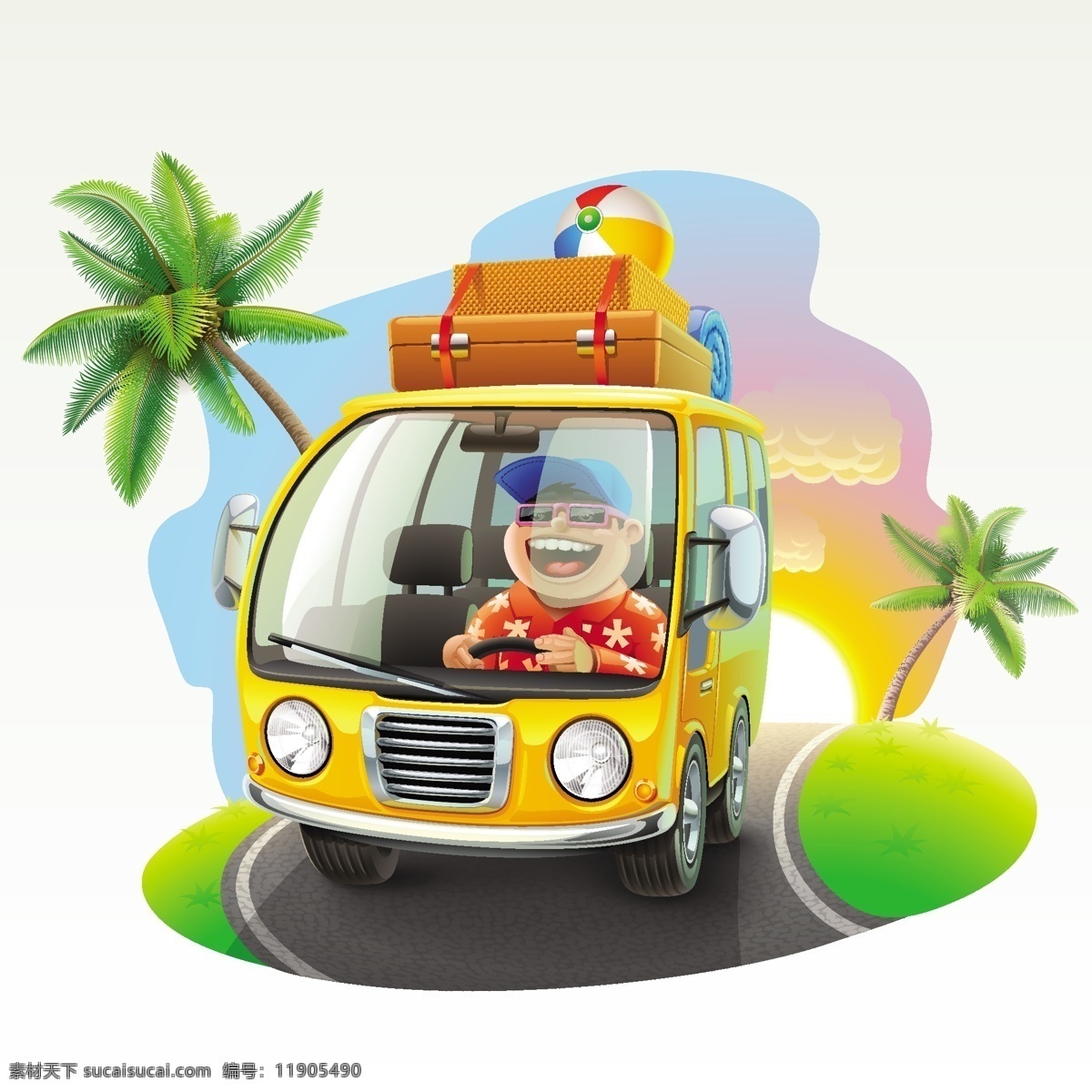 椰树 行李 旅游客车 司机 热带 太阳 海边 旅行 面包车 在路上 矢量图 卡通 旅游 客车 矢量 白色