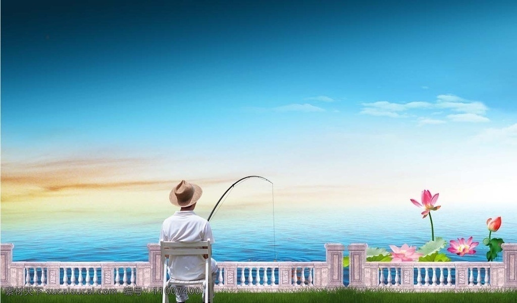 钓鱼 钓鱼人物 澄净天空 湖水 荷花 凭栏 房地产广告 广告设计模板 源文件