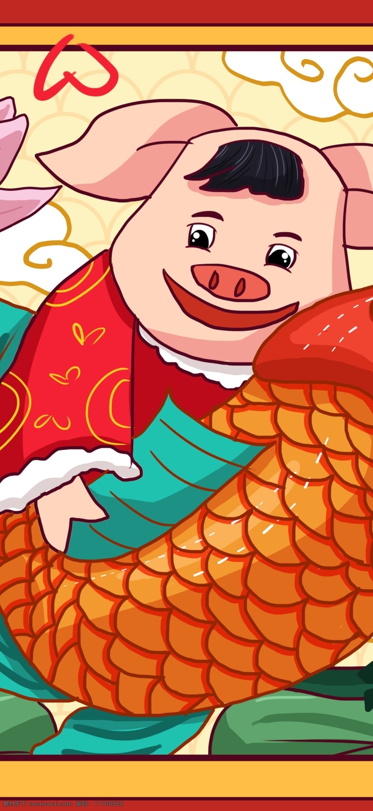 中国 风 年画 红色 喜庆 猪年 卡通 年年有余 插画 中国风 可爱 小猪 鱼