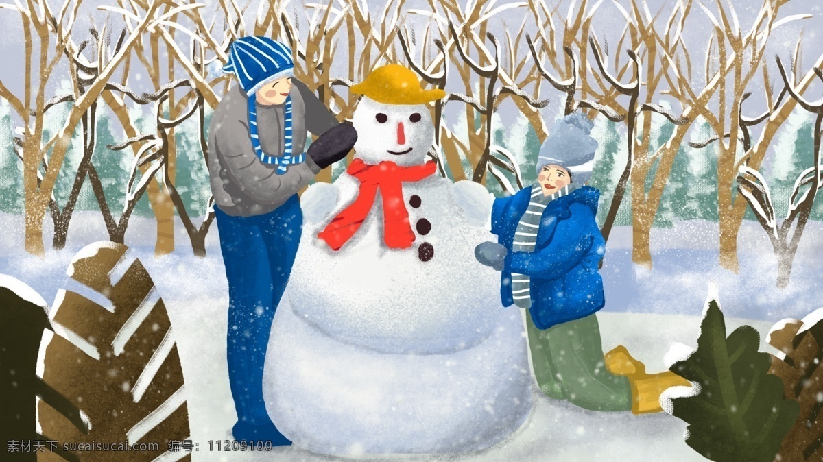 情侣 下雪天 一起 堆 雪人 原创 插画 堆雪人 冬天 冬 雪