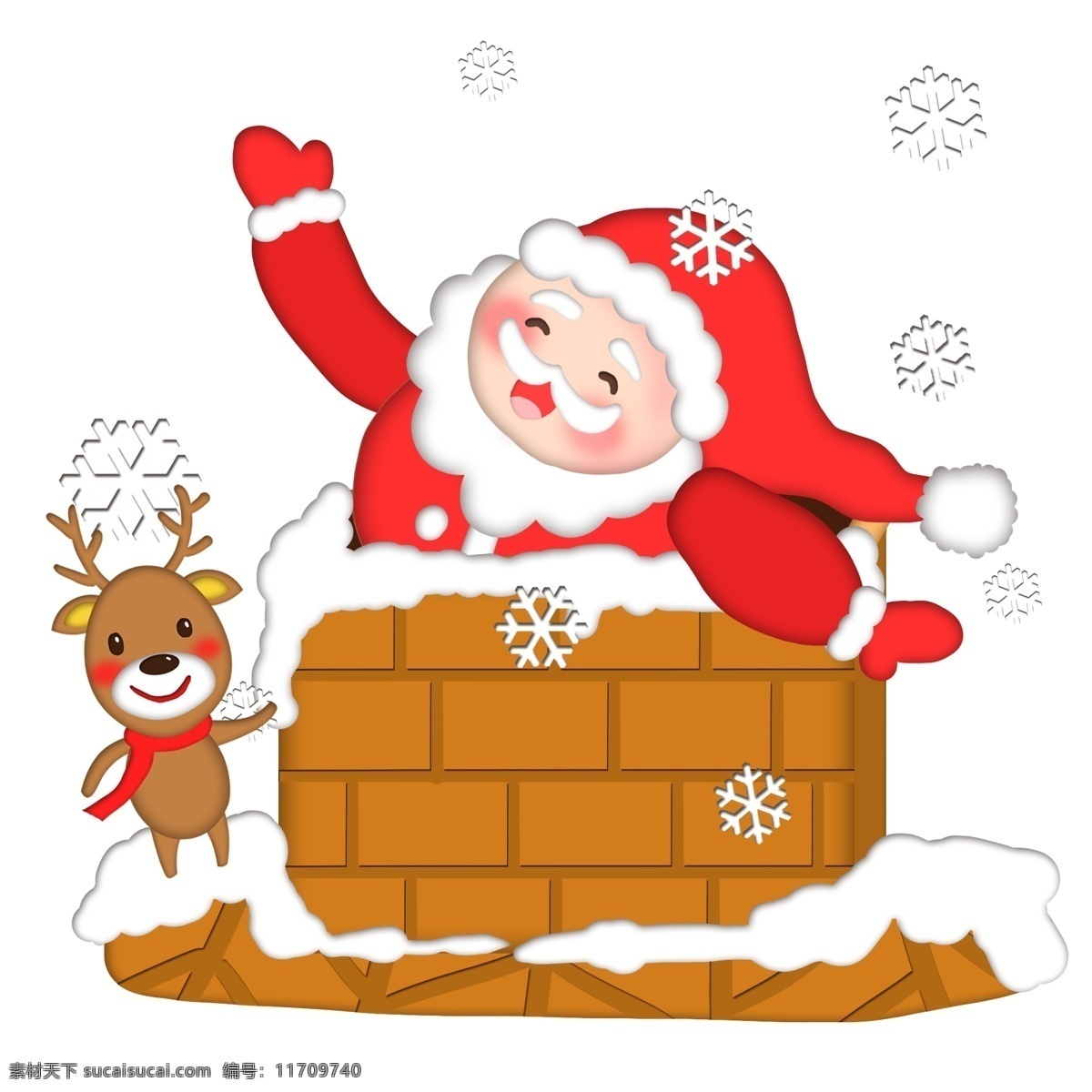 卡通 手绘 圣诞老人 麋鹿 爬 烟囱 雪人 下雪 雪花 送礼物 圣诞节 圣诞夜 屋顶 红色系