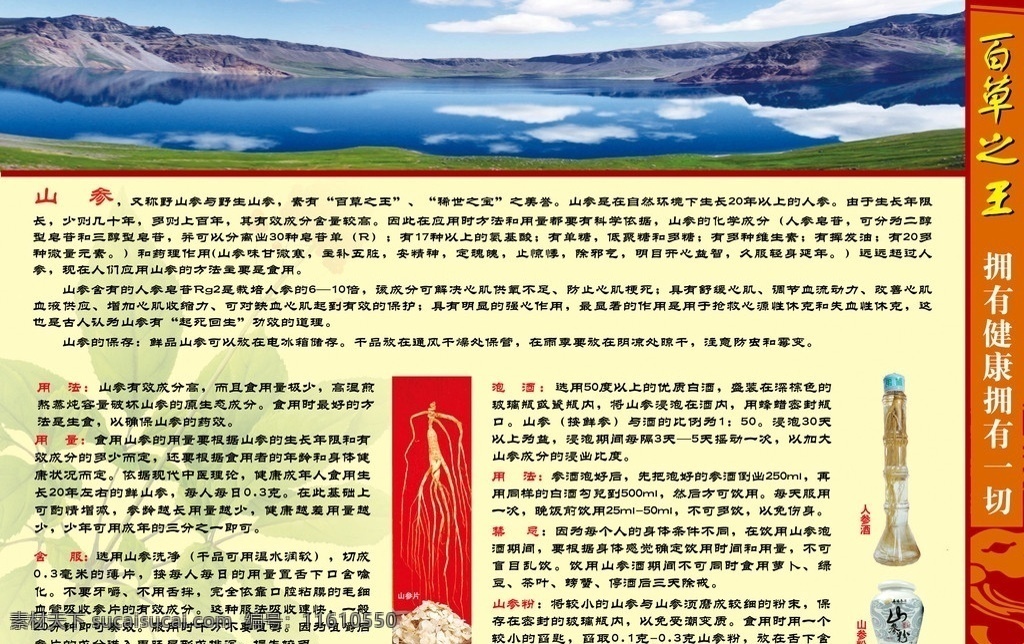 中医养生 长白山 人参 野人参 药酒 片 花纹 版式 养生 健康 白云 云 山 水 湖水 广告设计模板 源文件