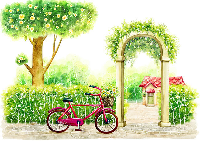 手绘 韩式 风景 绿色 庭院 插画 自行车 篱笆小院 绿色庭院 大树 绿树 风景插画 手绘风景插画 白色