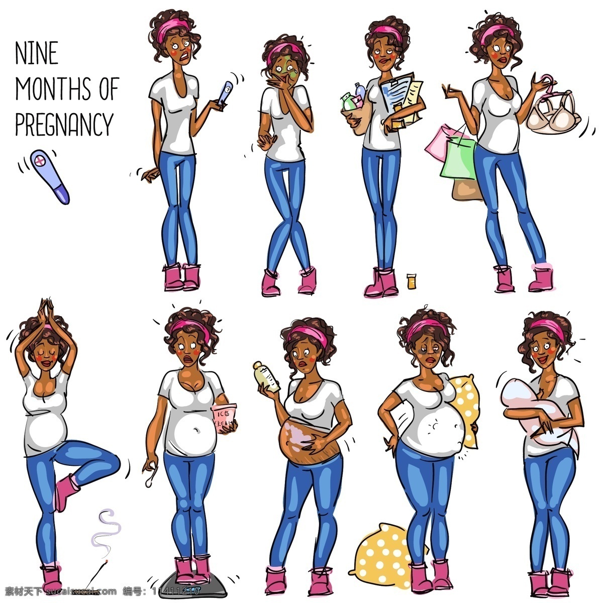 女性生活漫画 节食 减肥 瑜伽 运动 健身 时尚女性插画 卡通美女漫画 卡通人物漫画 手绘人物插图 怀孕 孕妇 日常生活 矢量人物 矢量素材
