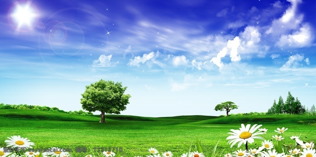 蓝天 白云 绿 草地 树 蓝天白云草地 风景 风景图 蓝天白云 大树 分层 广告素材 自然景观 自然风光