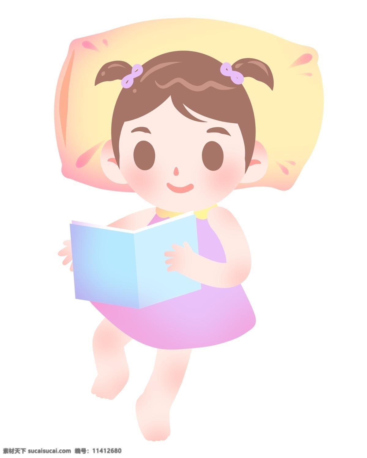 卡通 女孩 睡 下 看书 插画 睡着看书女孩 读书阅读小人 粉色 小 裙子 卡通小人 蓝色阅读书本 黄色枕头