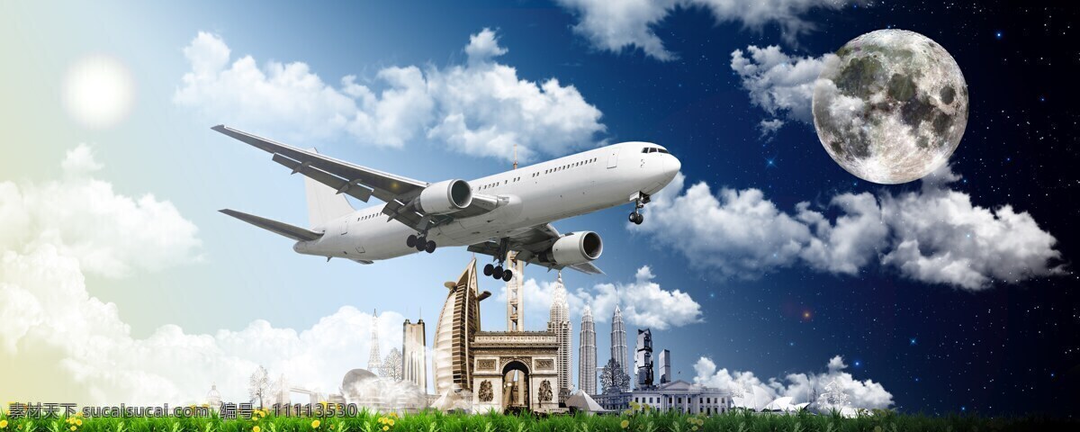 蓝天 里 飞机 白云 客机 月亮 草地 建筑物 飞机图片 现代科技