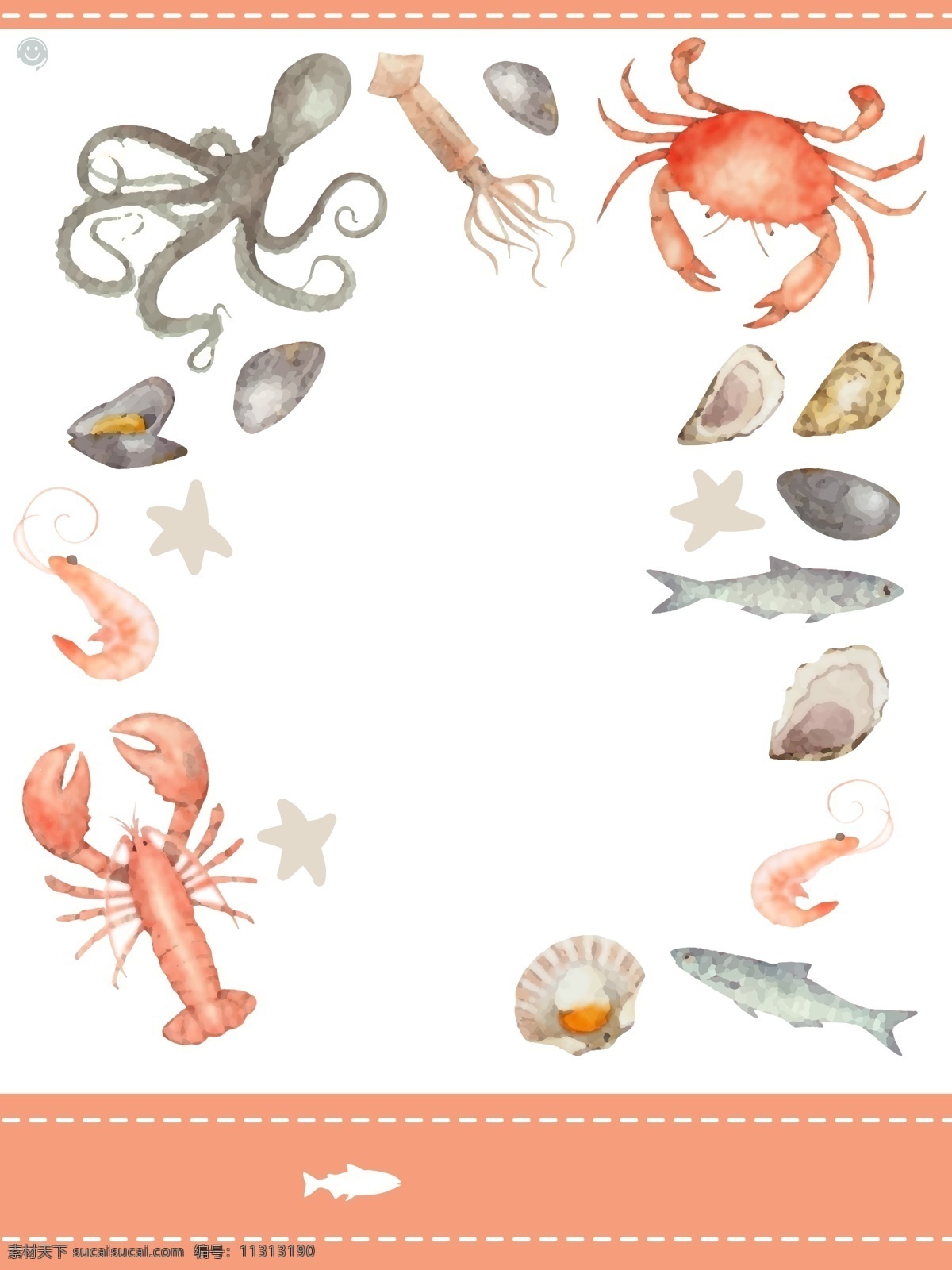 手绘 可爱 海鲜 广告 背景 广告背景 生鲜 食物 扇贝 章鱼