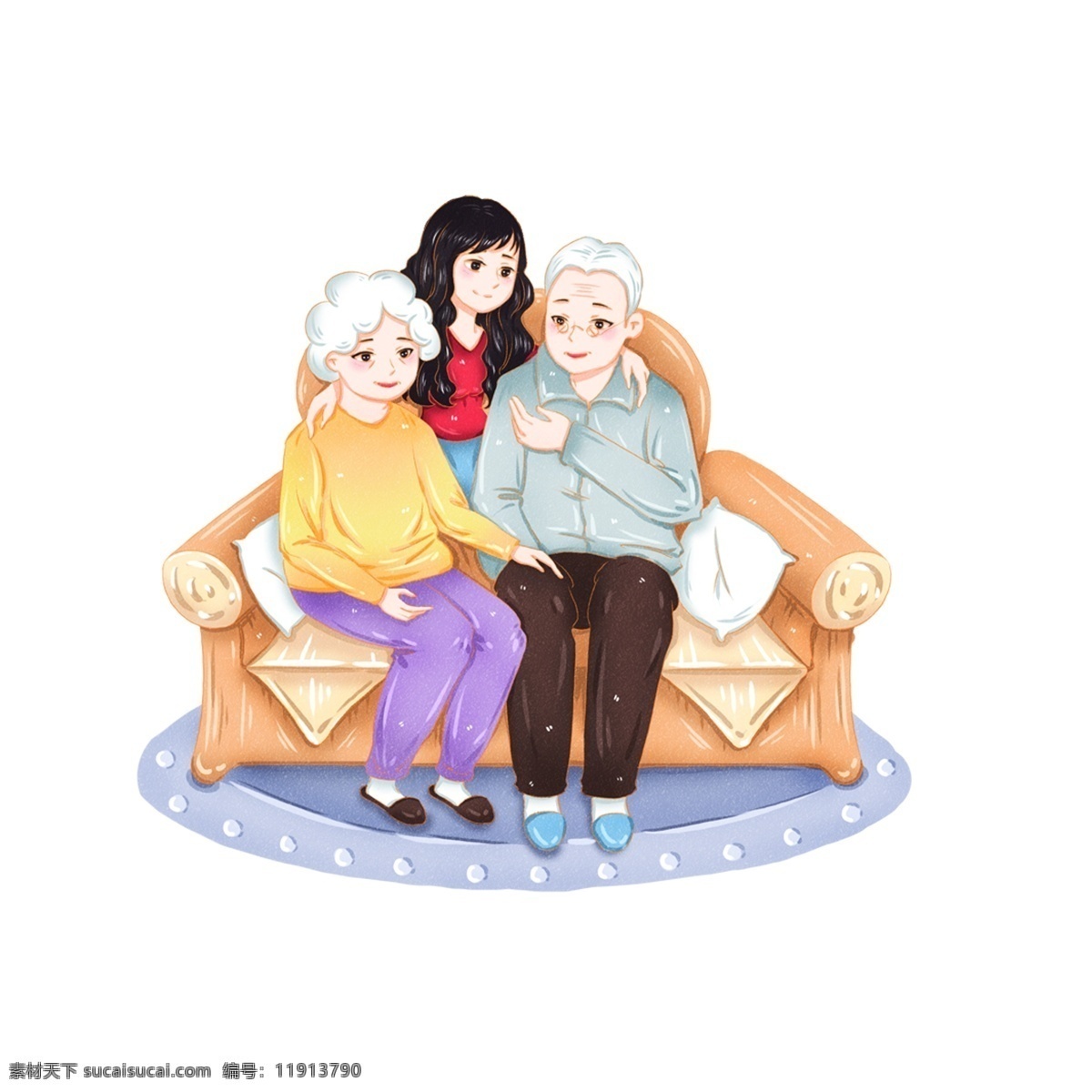 坐在 沙发 上 人物 图案 元素 卡通人物 女孩沙发 设计元素 创意元素 psd元素 免扣元素 老奶奶