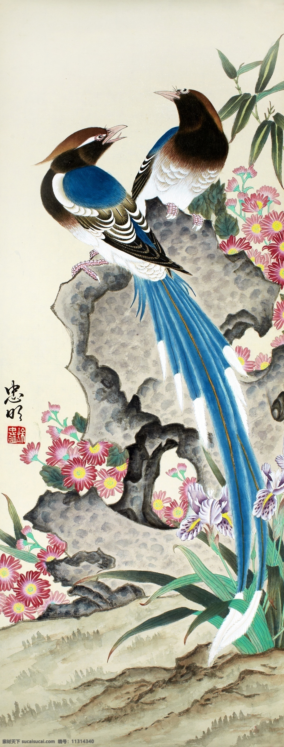 鸟语花香 花鸟 山石 2只鸟 国画风 蓝色鸟 白色