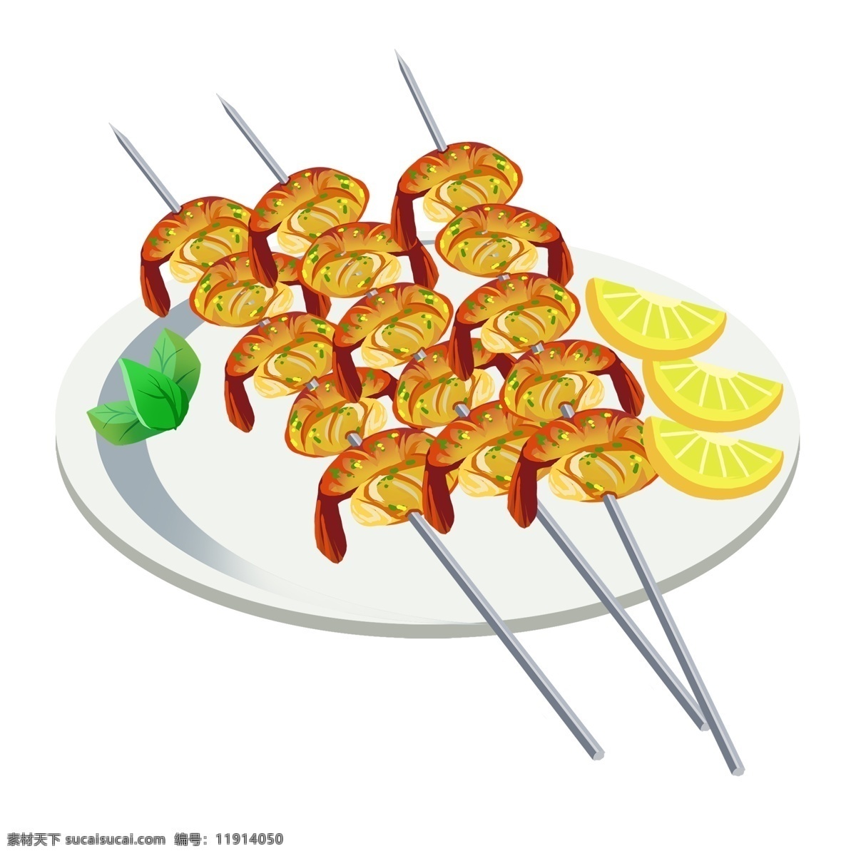 烧烤 基围虾 柠檬 片 美食 撸 串 手绘 食物 小吃 撸串 烤肉 烤虾 柠檬片