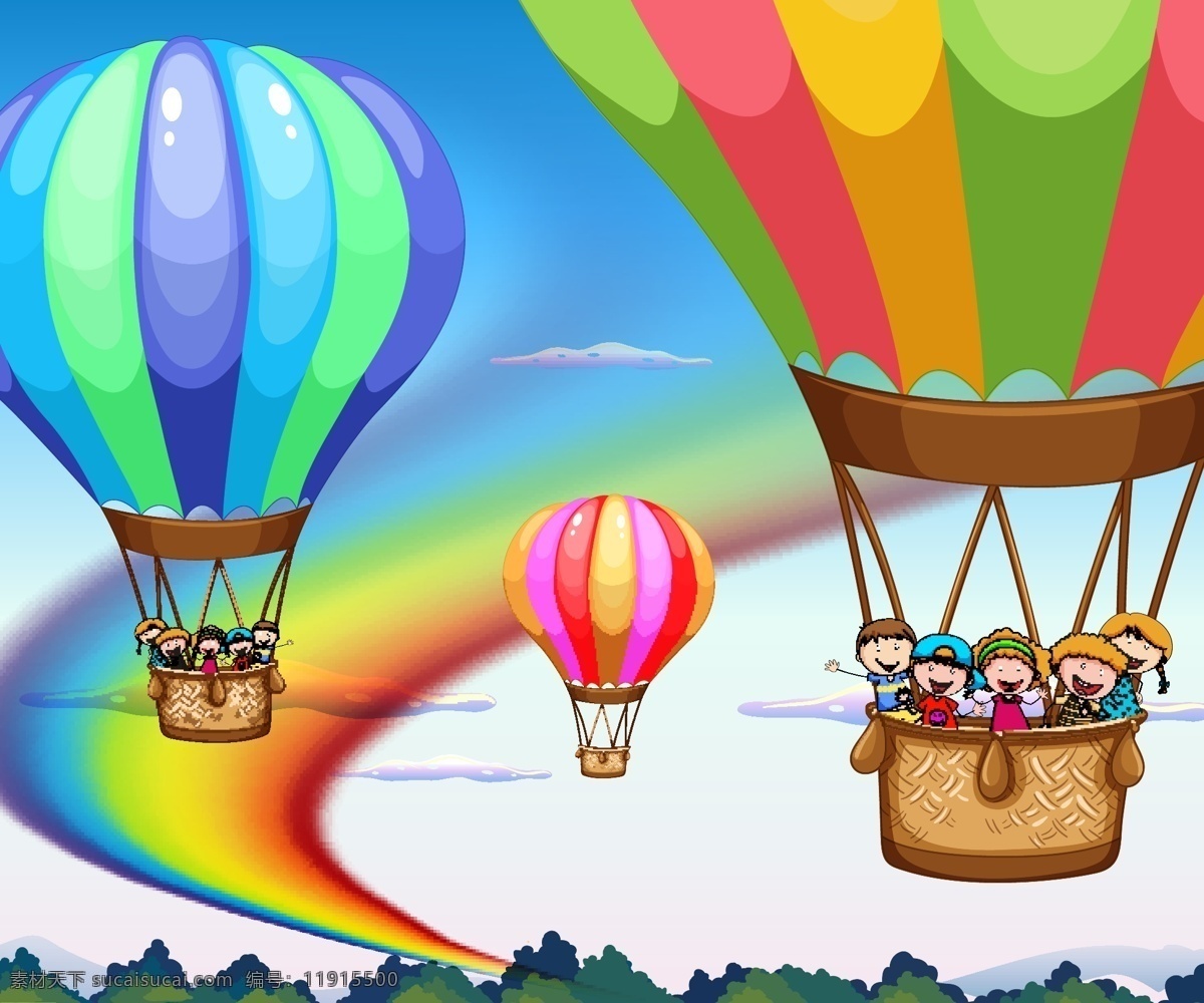 卡通儿童 儿童 快乐儿童 儿童素材 开心 游玩 彩虹 白云 热气球 卡通设计