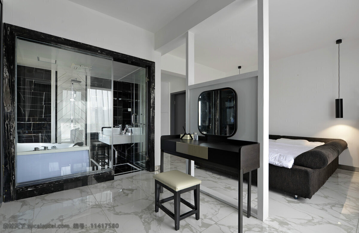 简约 卧室 玻璃 隔断 装修 效果图 床铺 个性吊灯 灰色地板砖 灰色墙壁 浴缸