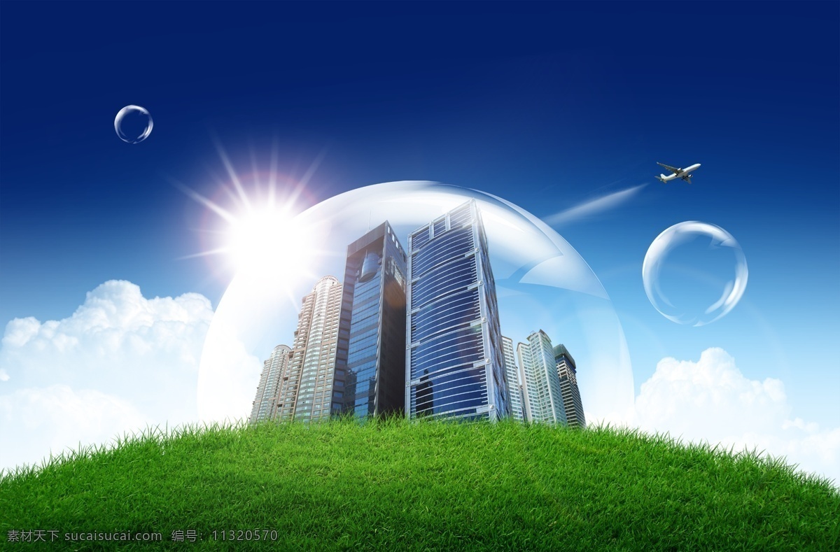 草地建筑风景 草地 阳光 泡泡效果 房屋 建筑物 蓝天 白云 飞机