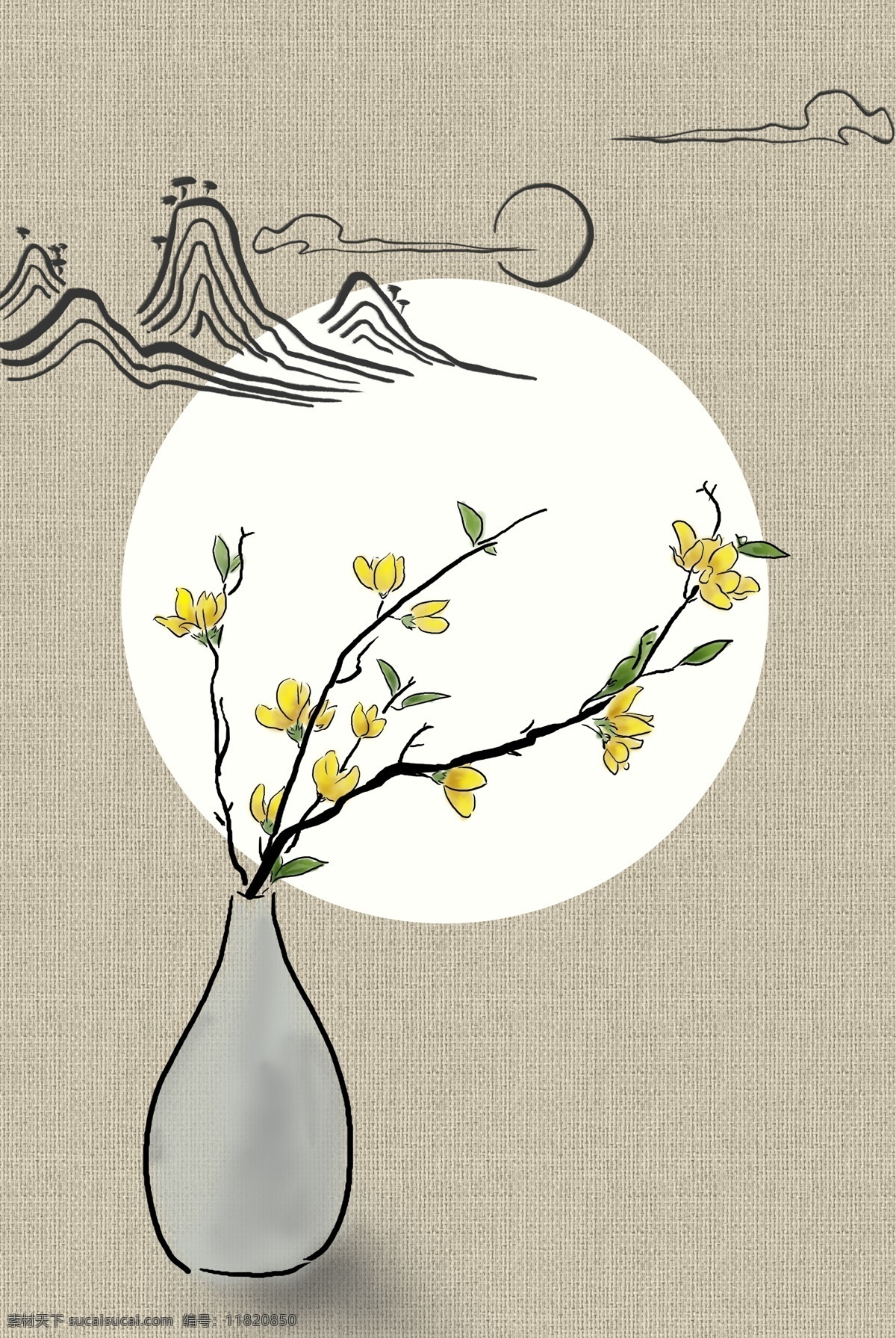 古典 花朵 远山 线条 工笔画 背景 花卉 海报背景模板 传统海报 古风 中式海报背景 中国风 复古