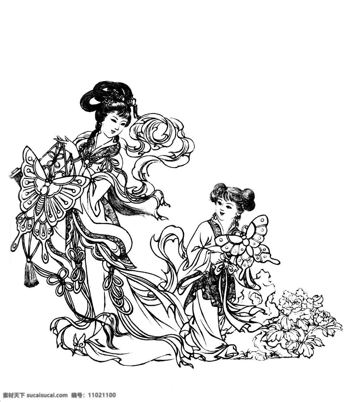 放风筝 白描 图案 绘画 古典 传统纹样 人物 神话传说 仕女 传统文化 文化艺术