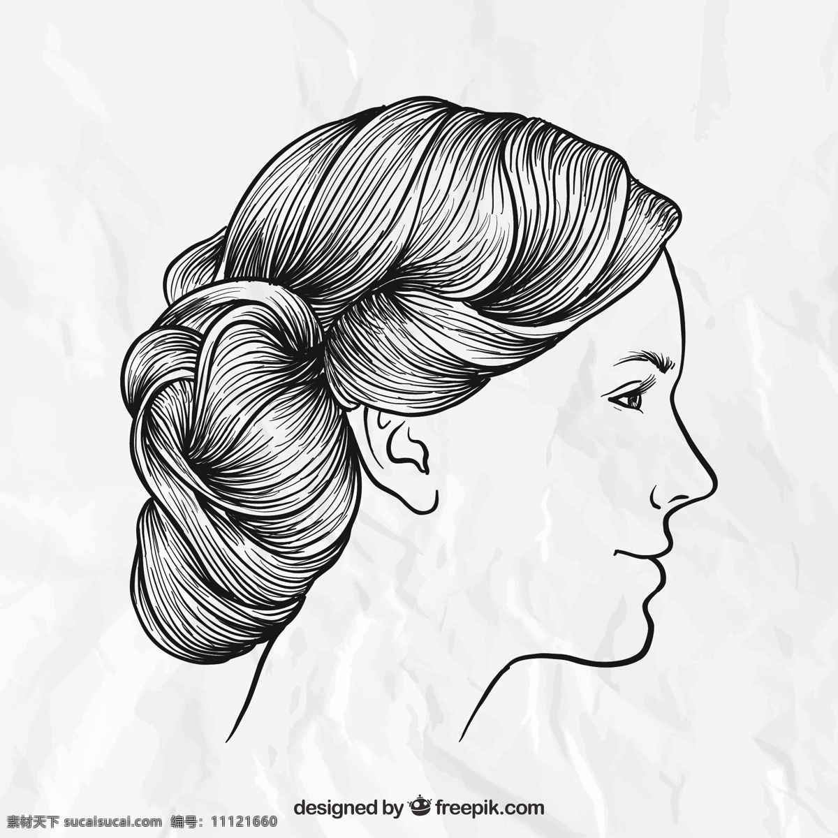 手绘女性发型 一方面 头发 手画 绘制 剖面 理发师 发型 女 手绘 女人的头发 拉 美容 粗略 包子 白色