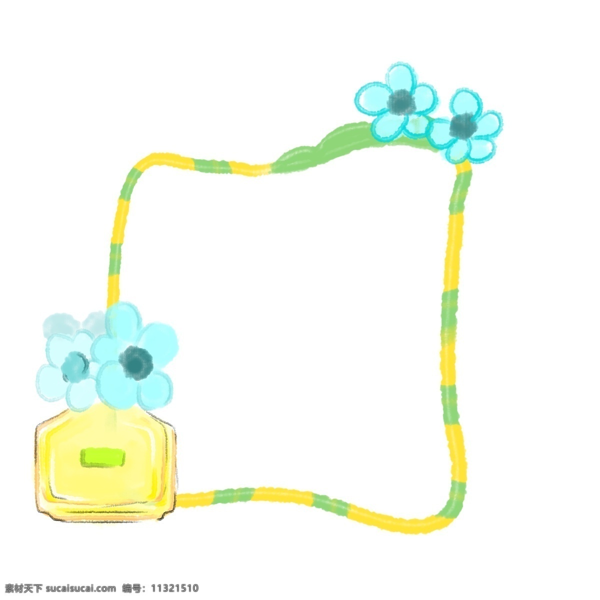 漂亮 美 妆 小 框 插画 漂亮的边框 漂亮的花朵 蓝色的花朵 小花装边框 黄色 水彩 香水瓶 香水小框插画 黄绿色小框