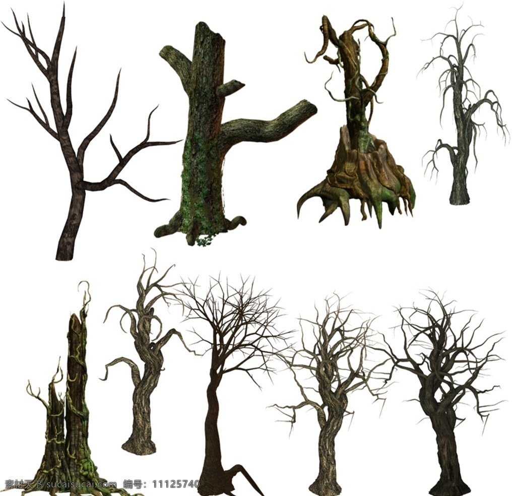 3d树素材 3d 枯树 死树 园林素材 效果图素材 3d植物石头 分层