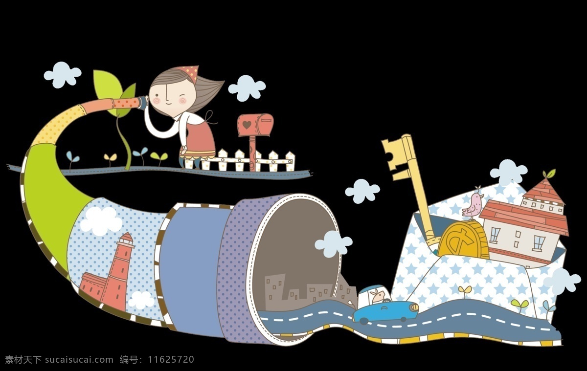 童趣 女孩 望远镜 信封 邮箱 篱笆 钥匙 房子 白云 鸟 马路 动漫动画 风景漫画