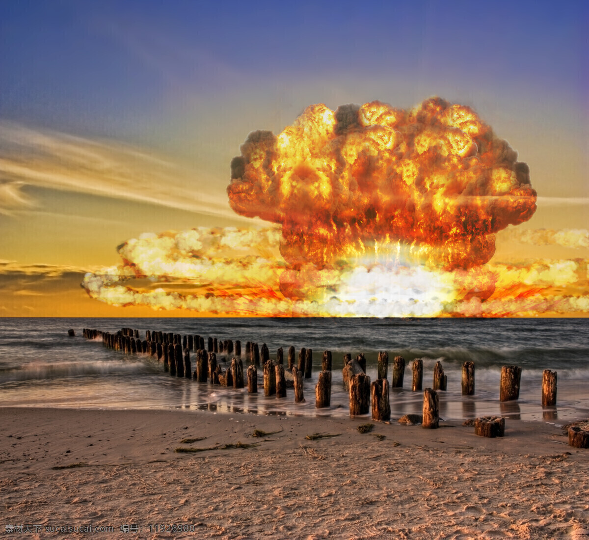海上 核爆炸 核武器 战争 大海 海面 蘑菇云 沙滩 海滩 军事武器 现代科技
