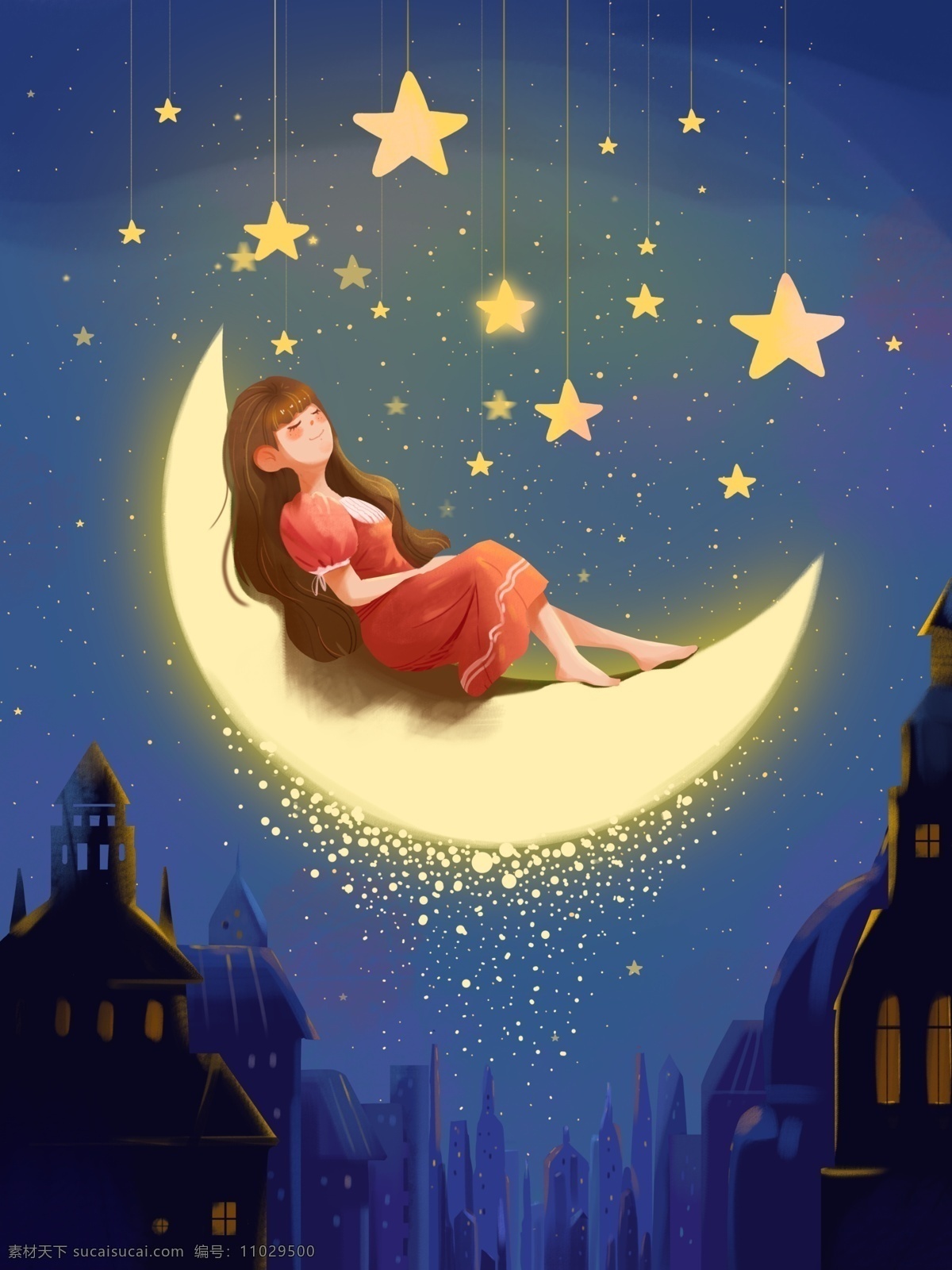 世界 睡眠 日晚 安 场景 插画 世界睡眠日 晚安 温馨 女孩 月亮