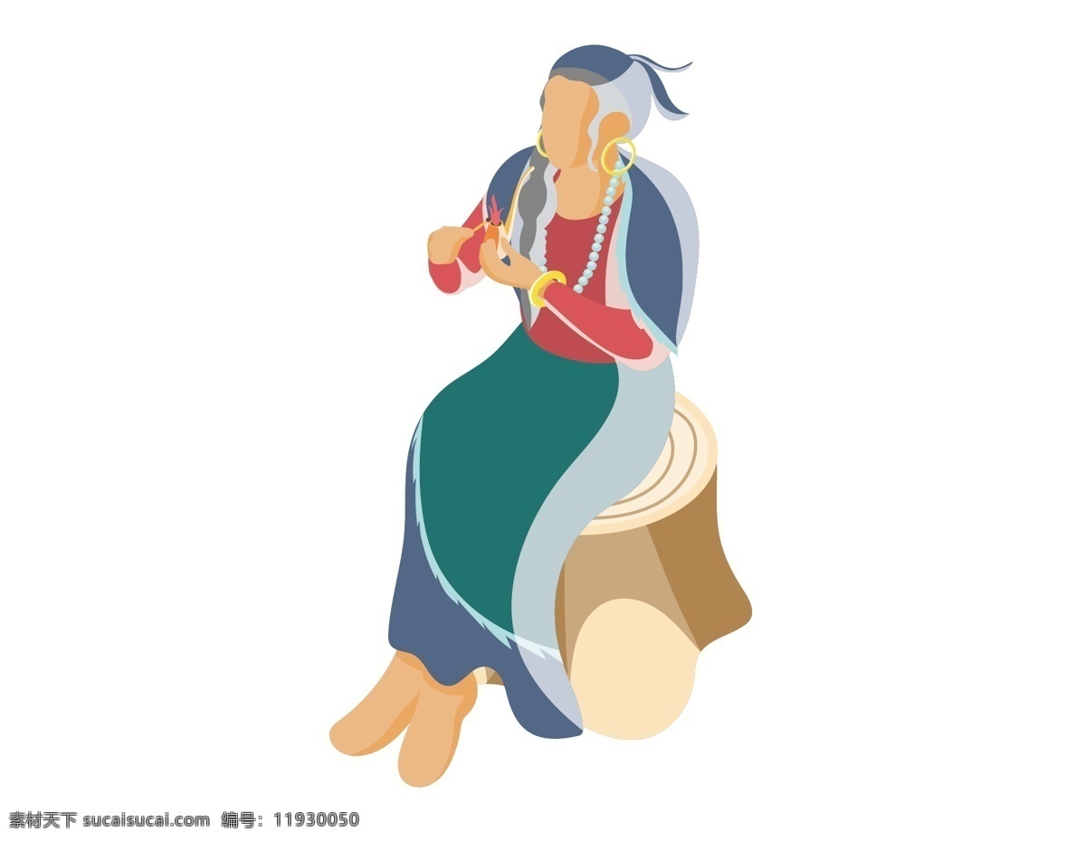 卡通 树桩 休息 元素 妇女 长裙 首饰 手绘 民族服 ai元素 矢量元素