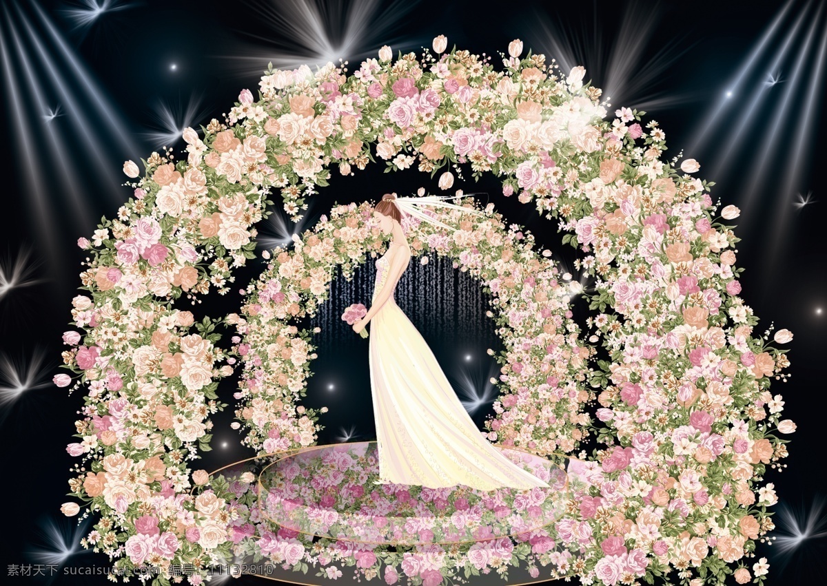 粉色 浪漫婚礼 仪式 台 交接区 玻璃 拱门 串花 透明花艺舞台