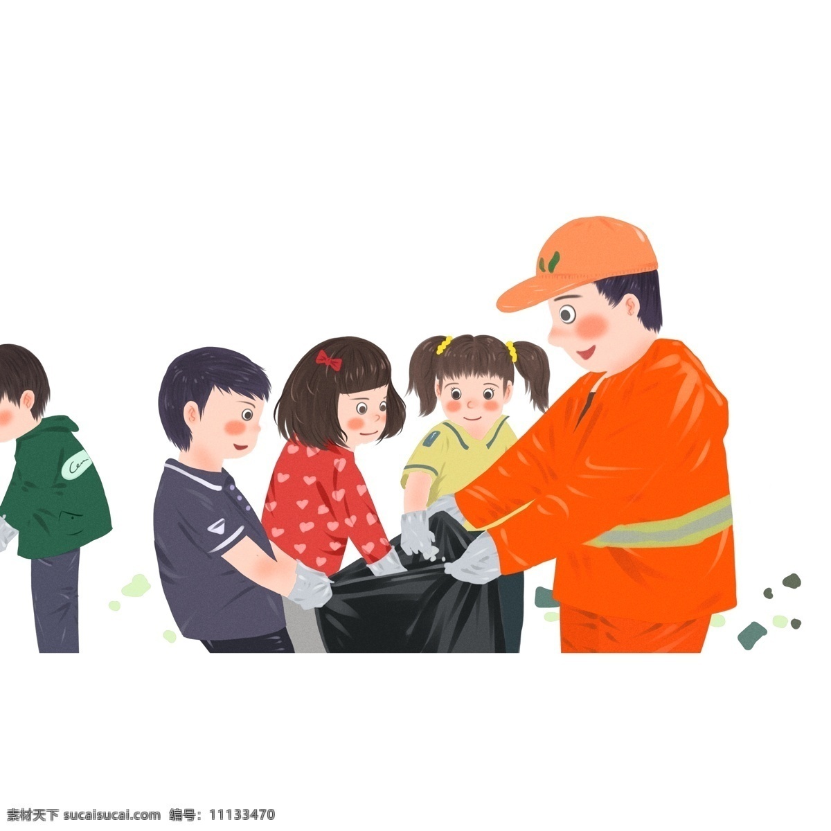 环卫 工人 一起 捡 垃圾 小孩 商用 元素 保护环境 插画 人物 卡通手绘 环卫工人