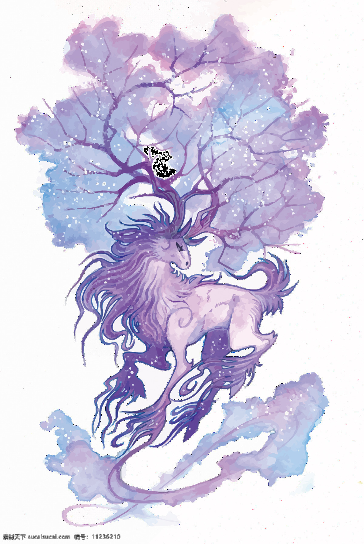 手绘 卡通 麋鹿 透明 png素材 蓝色 免扣素材 童话 鲜艳 云彩 紫色