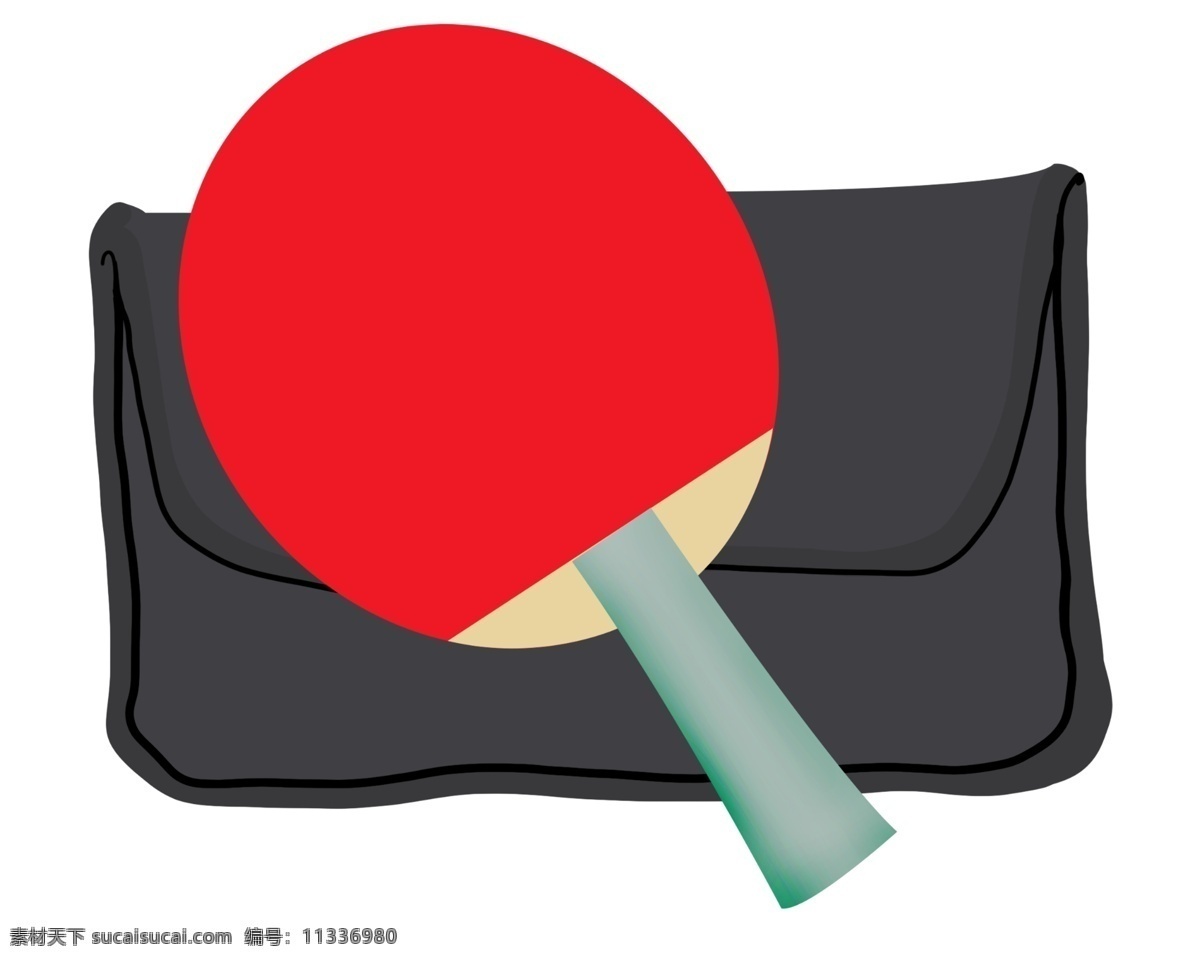 创意 运动器材 插画 红色的球拍 乒乓球 白色的手柄 黑色的袋子 卡通球拍插画 乒乓球拍 球类器材