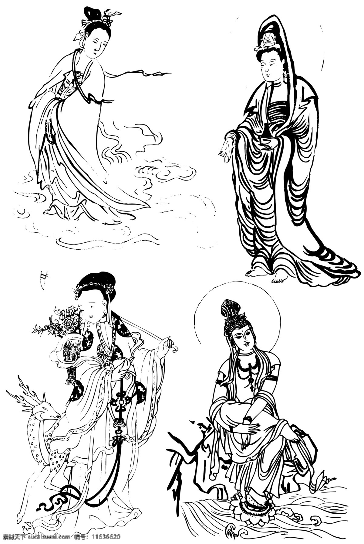 中国吉祥图案 吉祥象征图案 图案素材 飘带 线描 古典图案 图案纹样 传统纹样 传统图案 中国传统 中式纹饰 艺术图案 传统文化 菩萨 观音 白描 线稿 分层 源文件