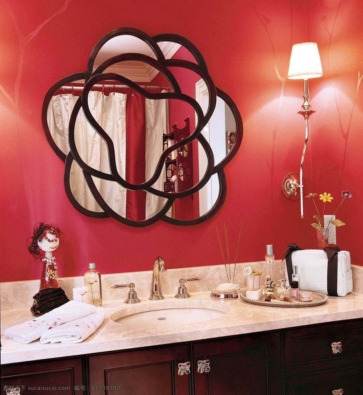 现代 风 盥洗室 花朵 镜 效果图 吊顶 红色背景墙 室内设计 收纳柜 洗手台 现代风
