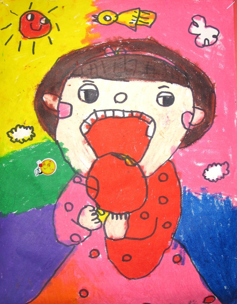 儿童画 吃苹果 小女孩 太阳 小鸟 绘画书法 文化艺术