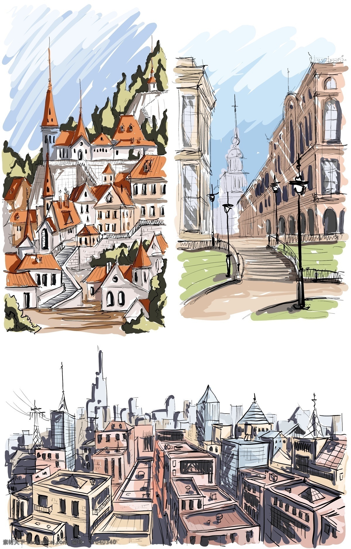 手绘 欧式 城市 建筑 效果图