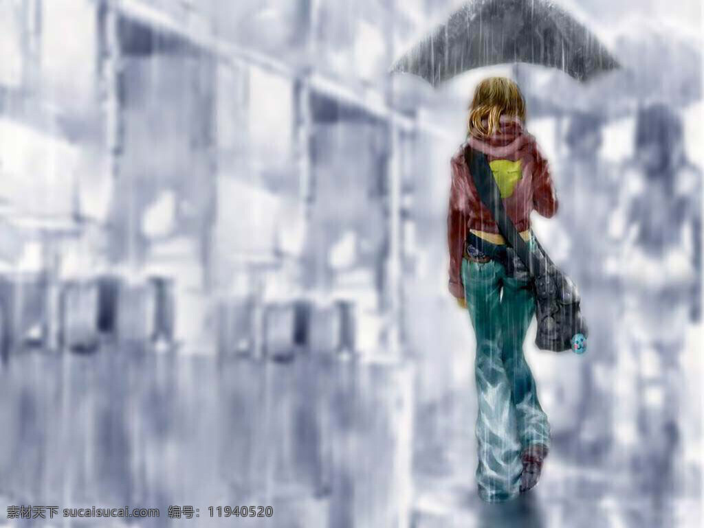 雨中女孩背影 女孩 雨伞 伞 漂亮 文化艺术 美术绘画 绘画 设计图库
