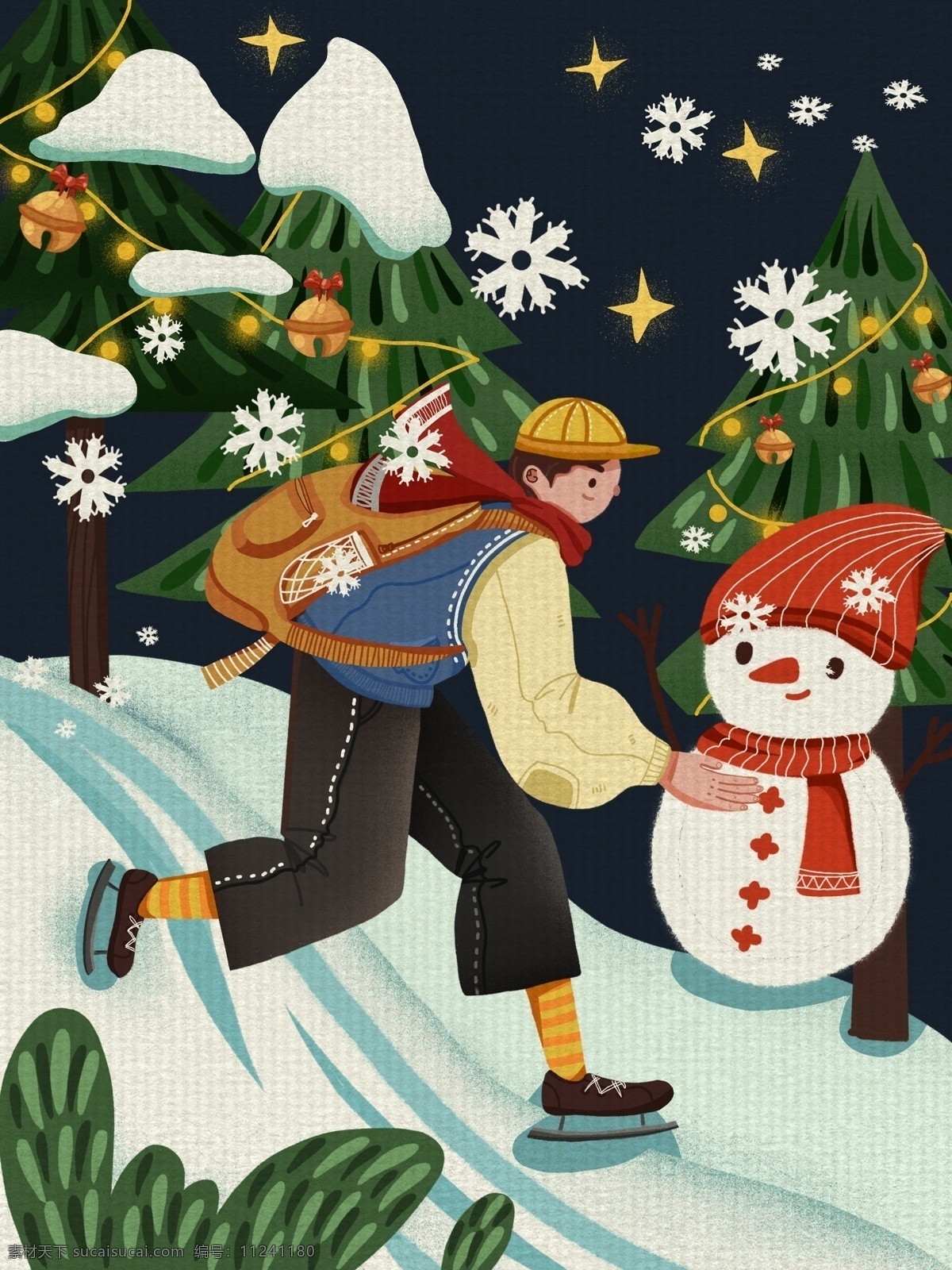 平安夜 男孩 雪地 里 溜冰 圣诞树 温馨 插画 雪人 星星 围巾 下雪 夜晚 铃铛 书包