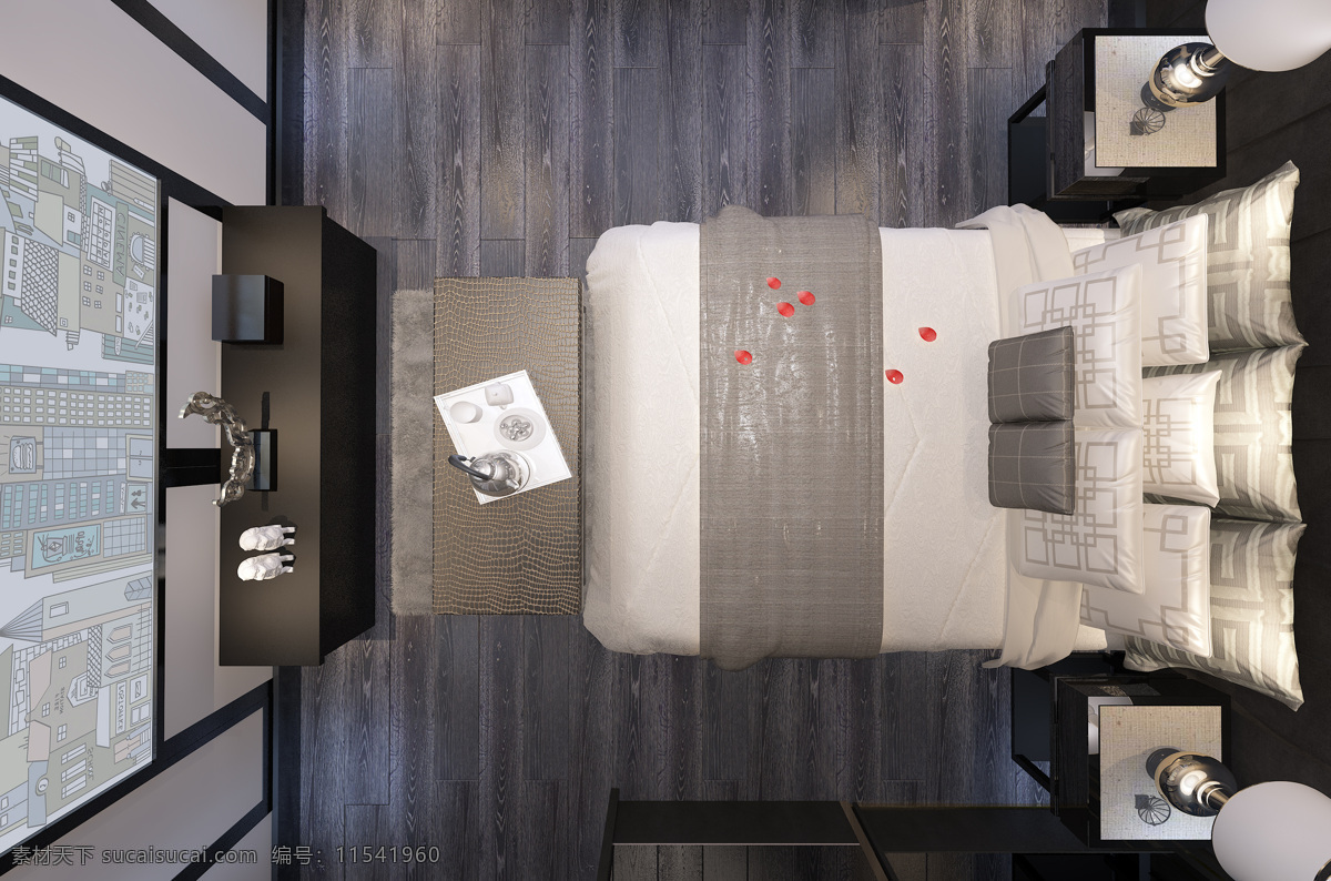 现代 简约 风格 卧室 装修设计 效果图 木地板 夜景
