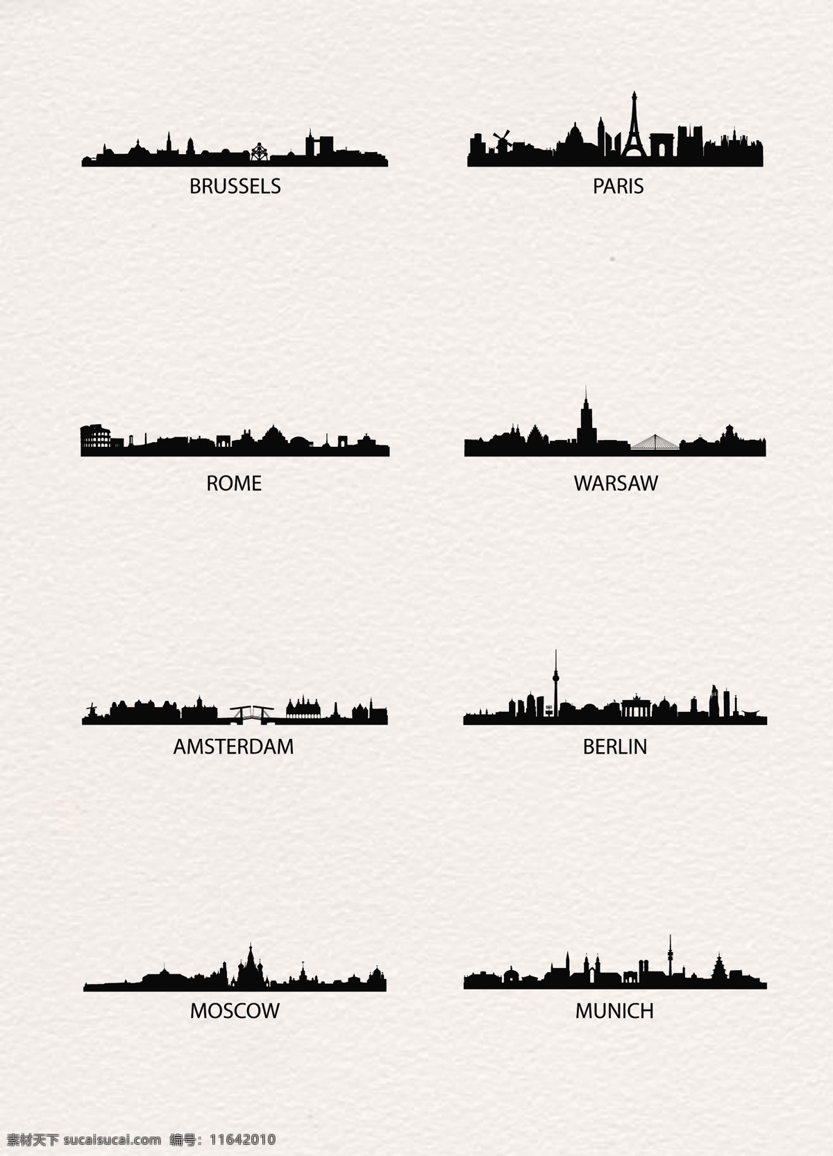 创意 城市 剪影 扁平化 矢量图 黑色 简洁 城市剪影 巴黎 布鲁塞尔 罗马 沃斯瓦 阿姆斯特丹 柏林 莫斯科 慕尼黑