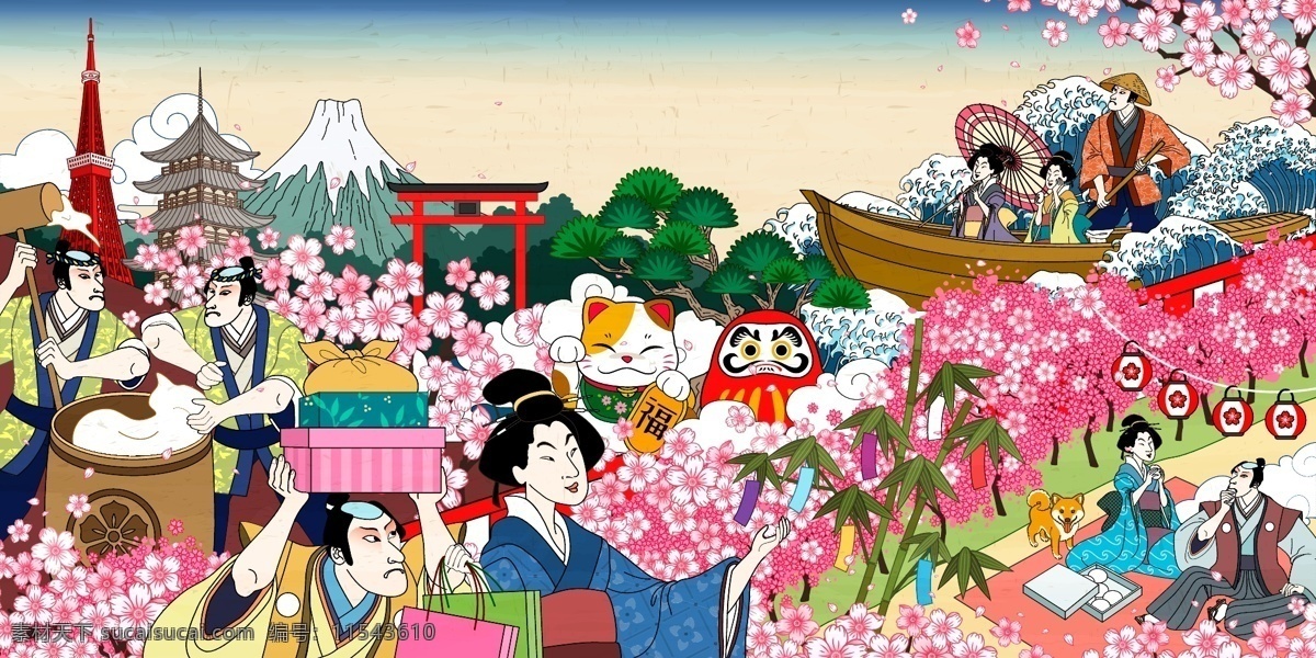 日本 传统 风情 人物 事物 插画 特色 樱花 建筑 动漫动画