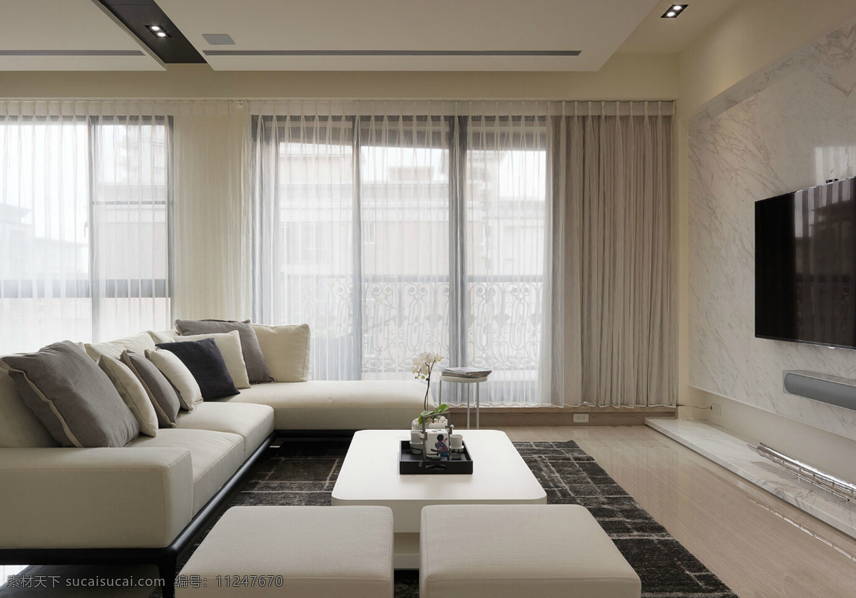 浅色 调 客厅 吊顶 装修 效果图 射灯 白色窗帘 茶几 电视背景墙 简约 区 沙发 深色地毯