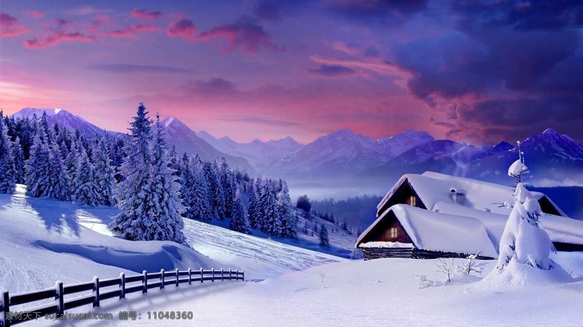 冬季雪景 雪地 雪景 晚霞 学屋 美景 自然景观 自然风景