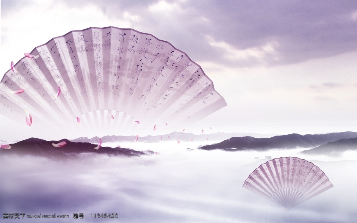 折扇 灯 花瓣 水墨 云彩 天空 扇子 中国风 古典 背景 分层
