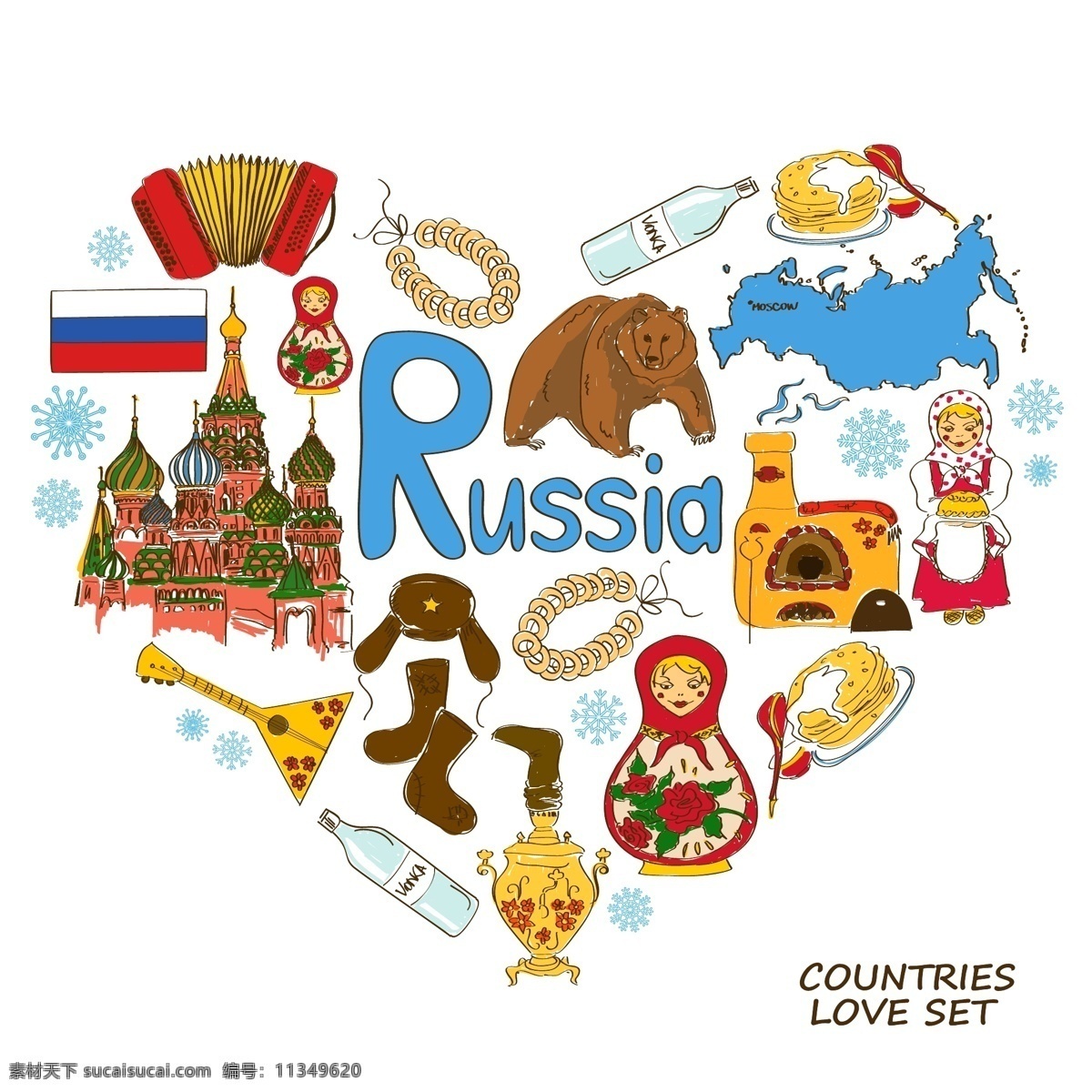 俄罗斯 国家 元素 国家元素 国家象征 国家图标 手绘 矢量 设计素材库 文化艺术 绘画书法