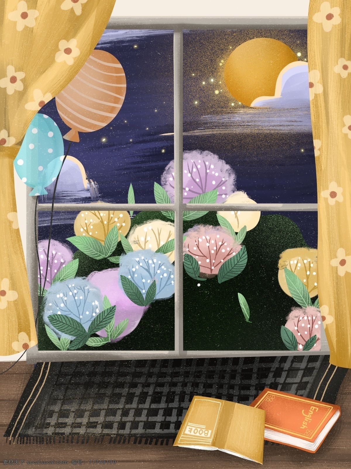 夏季 窗外 美景 背景 大海 气球 晚安背景 书本 花园 窗外夜景 广告背景 手绘背景 背景展板 特邀背景 促销背景