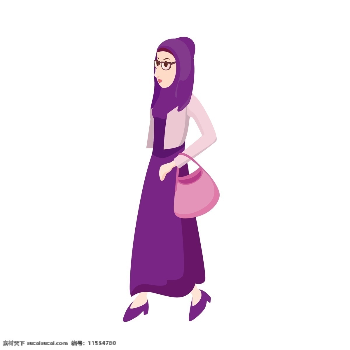 披 头巾 女人 矢量 卡通 卡通女人 披着头巾 头巾女人 卡通的女人 拎包 拎包的女人 紫色 紫色着装