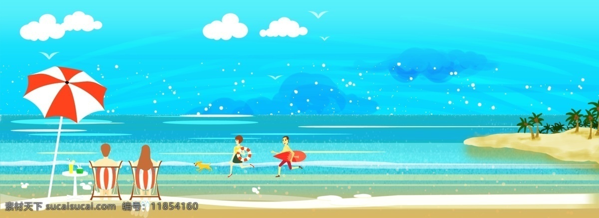 创意 海景 自然风景 合成 背景 风景 海边 海鸥 椰子树 海岛 卡通