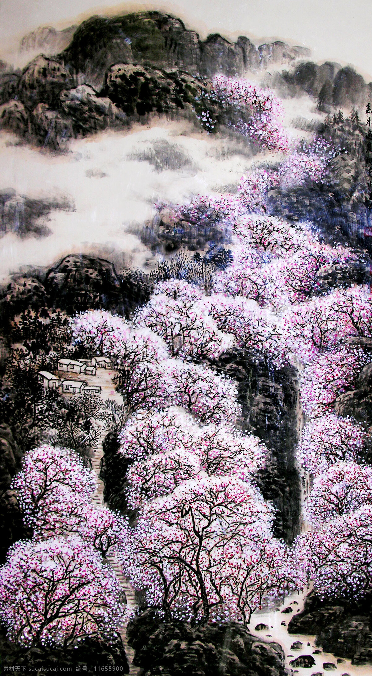 房屋 国画艺术 花开 花木 画 绘画书法 山村 山峰 山花漫烂 中国画 水墨画 山水画 现代国画 山水 山岭 雾 溪流 山道 石阶 树木 书法 印章 国画集10 文化艺术 装饰素材 雕刻 图案