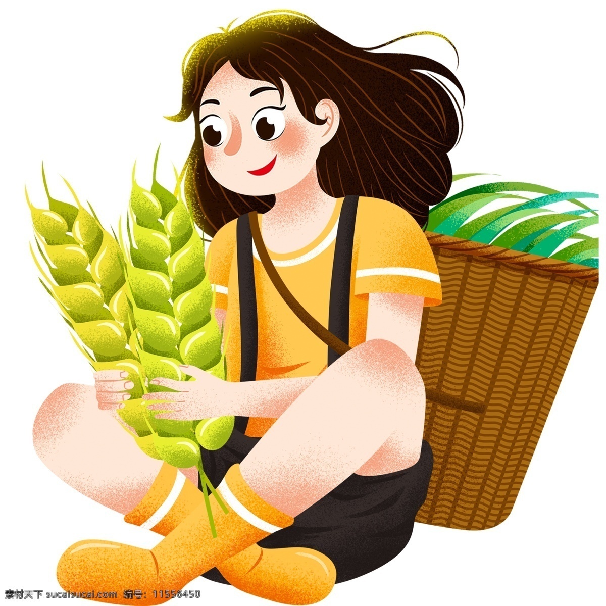 卡通 人物 小女孩 插画 女孩 农民 水稻 彩色 小清新 创意 手绘 绘画元素 现代 简约 装饰 图案
